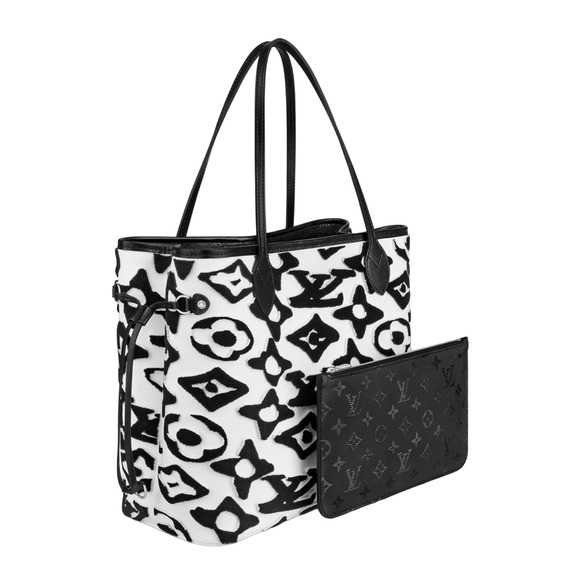 Louis Vuitton Neverfull MM & Pouch Urs Fischer Black White Handle Shoulder Bag - Picture 1 of 12